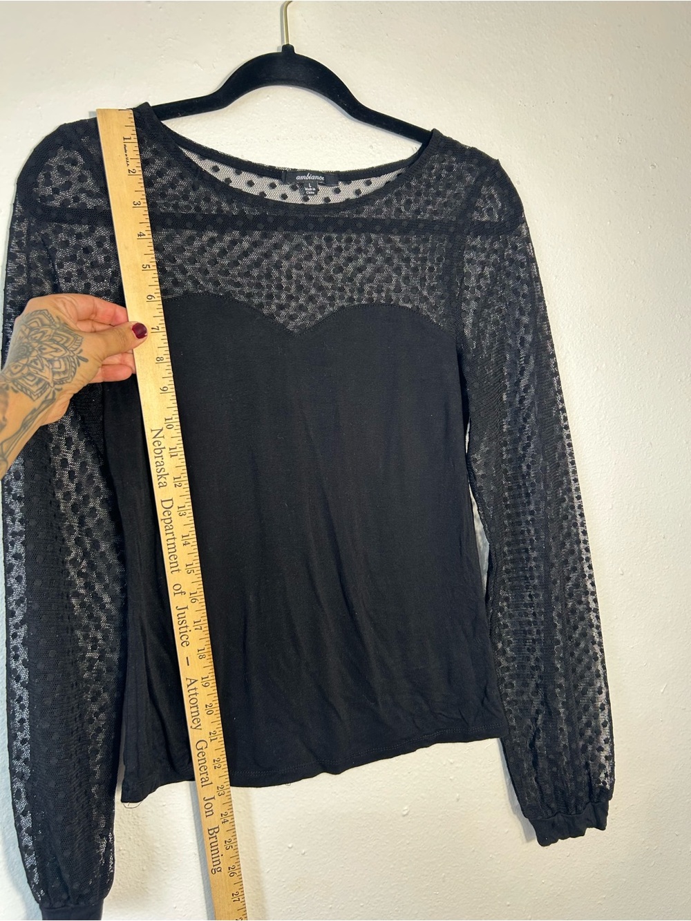 Ambiance Black Mesh Polka Dot Long Sleeve Top Sweetheart Neckline Women's Size L - Picture 4 of 6